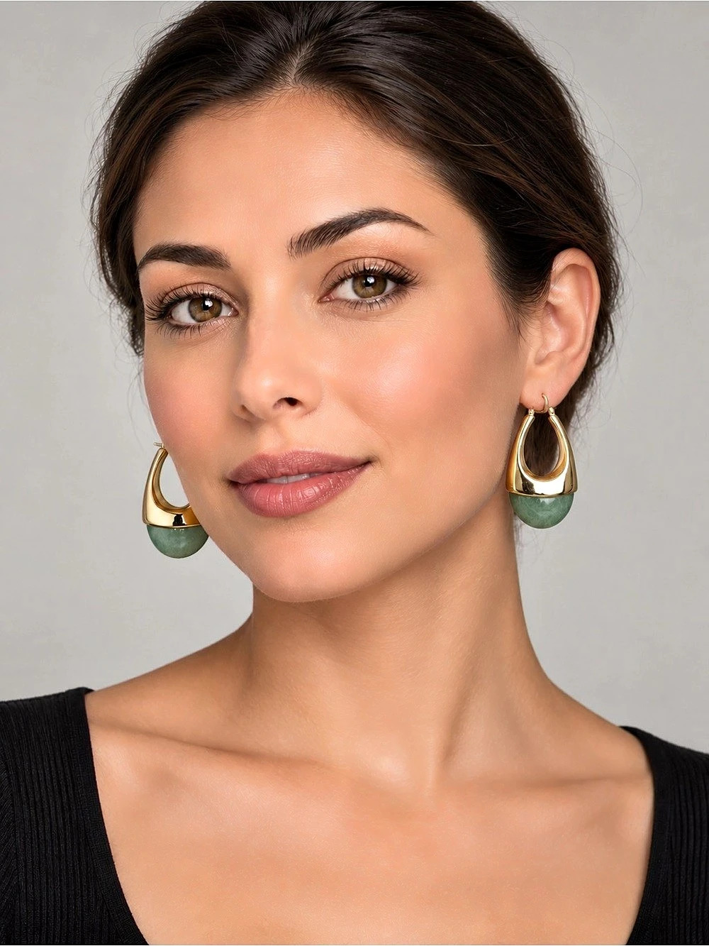 NEW House of Harlow 1960 Green Aventurine Brass Hoop Earrings Hoop Earrings